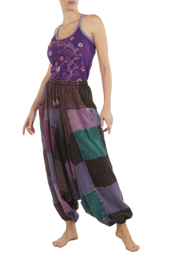 meditation patchwork pants - purple-brown-petrol green