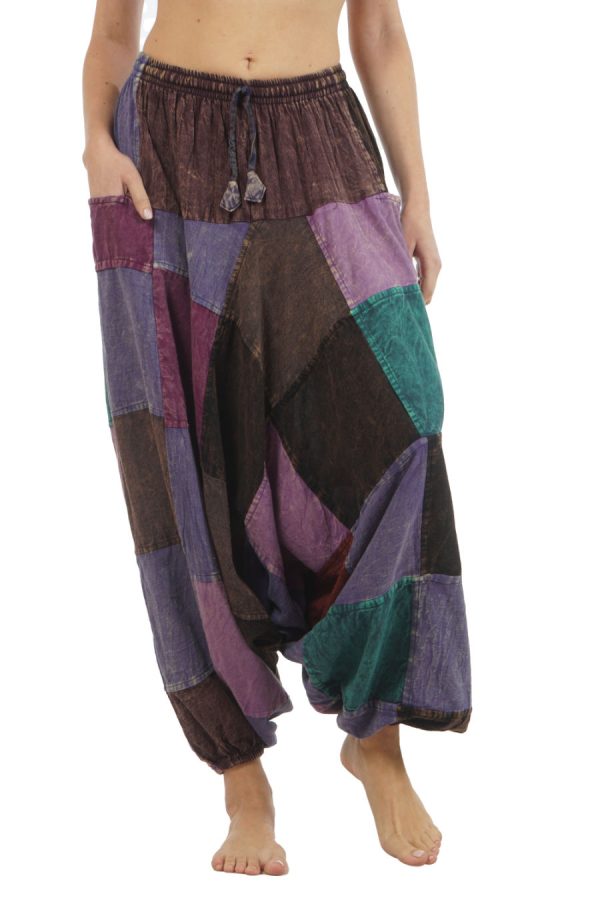 meditation patchwork pants - purple-brown-petrol green