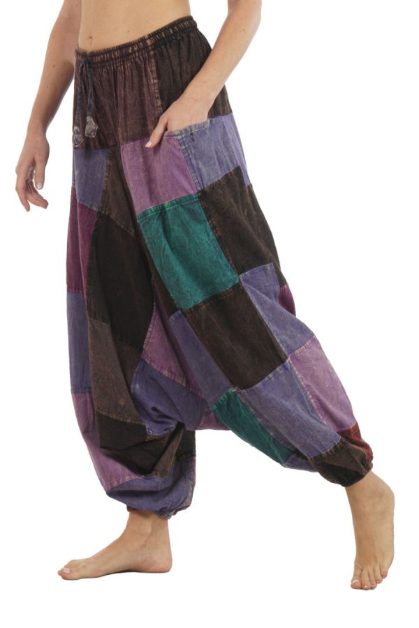 meditation patchwork pants - purple-brown-petrol green