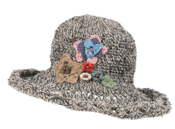 hemp - cotton - hat - flower - large brimhemp - cotton - loose knit hat - a