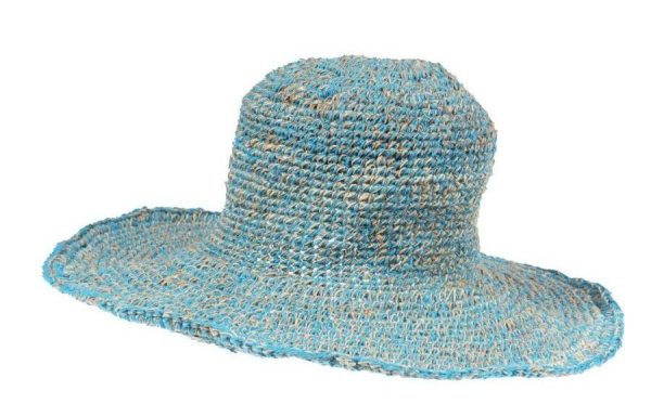 hemp - cotton - hat - large brim - plain color - turquoisehemp - cotton - loose knit hat - a