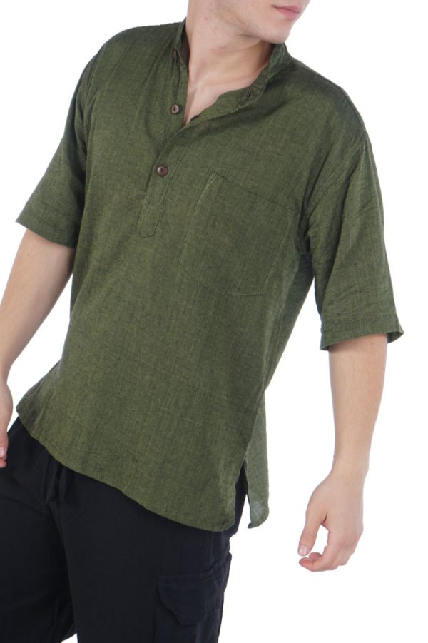 βαμβακερό κοντομάνικο πουκάμισο, στυλ Μάο - λαδί